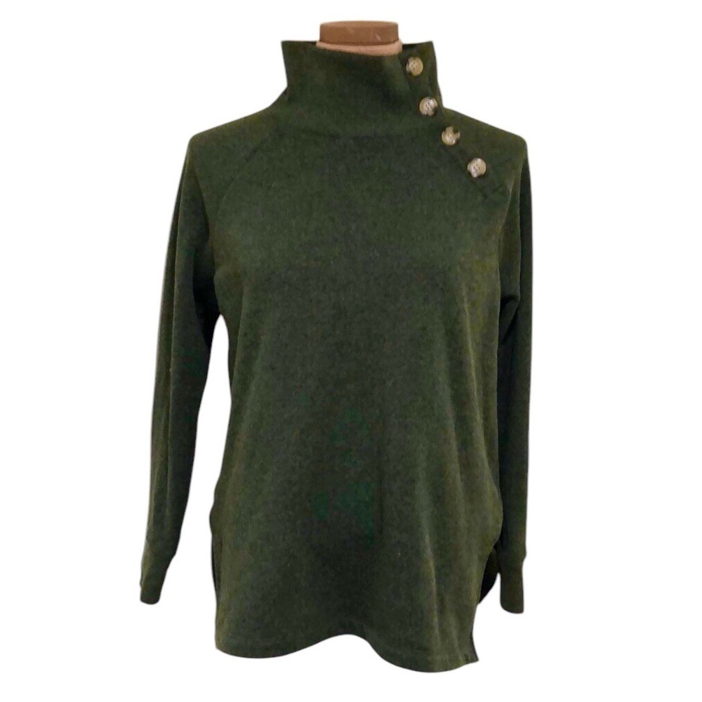 J Crew Wide Button Collar Sweatshirt Size XS Forest Green Cloudspun Fleece